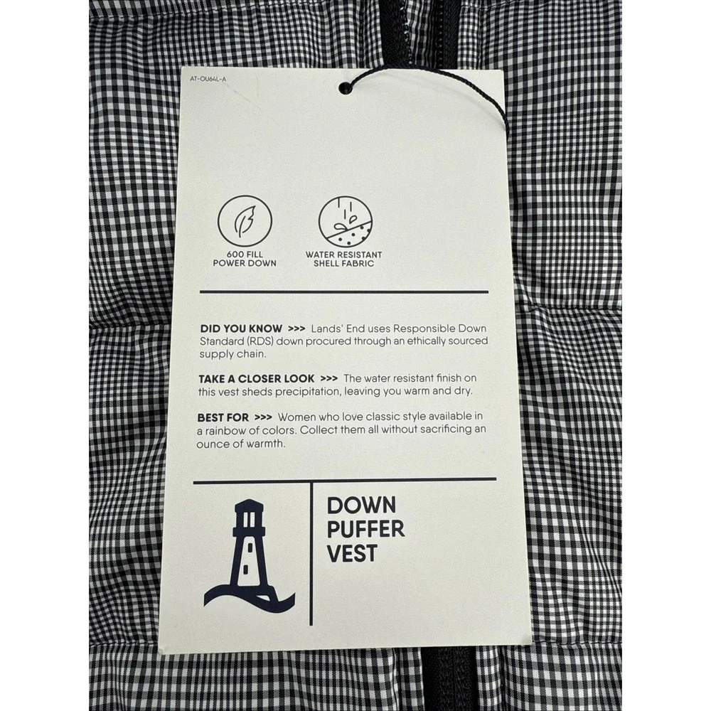 Lands End Vest Women L Down‎ Puffer 600 Fill Water Resistant Black Check Outdoor